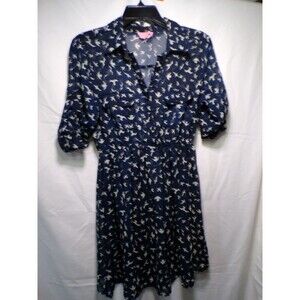 She's Cool Women's M Navy Bird Print Shirt Dress Collared Button Front